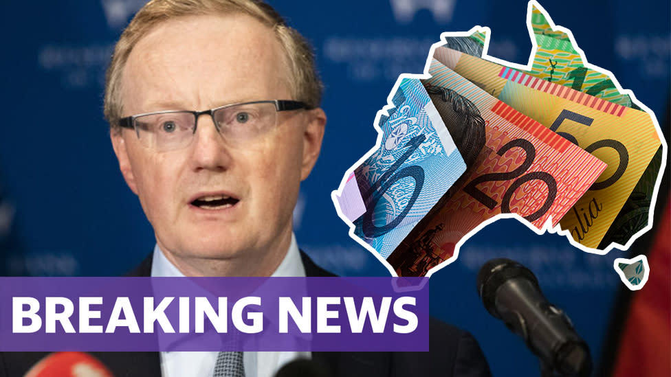 RBA governor Philip Lowe with the outline of Australia and Australian money with a breaking news banner.