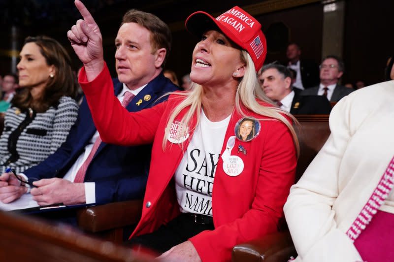 U.S. Rep. Marjorie Taylor Greene, R-Ga., on Wednesday said she will force a vote to remove House Speaker Mike Johnson, R-La. Pool Photo by Shawn Thew/UPI