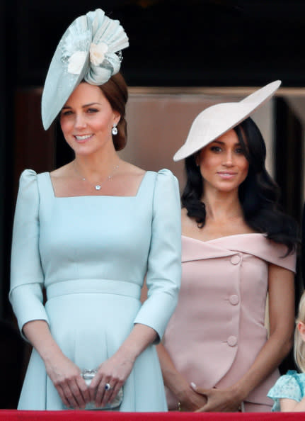 Royal watchers were left shocked during last year’s Trooping the Colour balcony appearance when Meghan once again stood behind Kate Photo: Getty Images