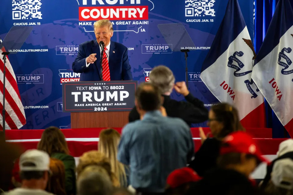 Former President Donald Trump addresses the audience during a campaign event Saturday, Jan. 6, 2024, at the DMACC Conference Center in Newton.