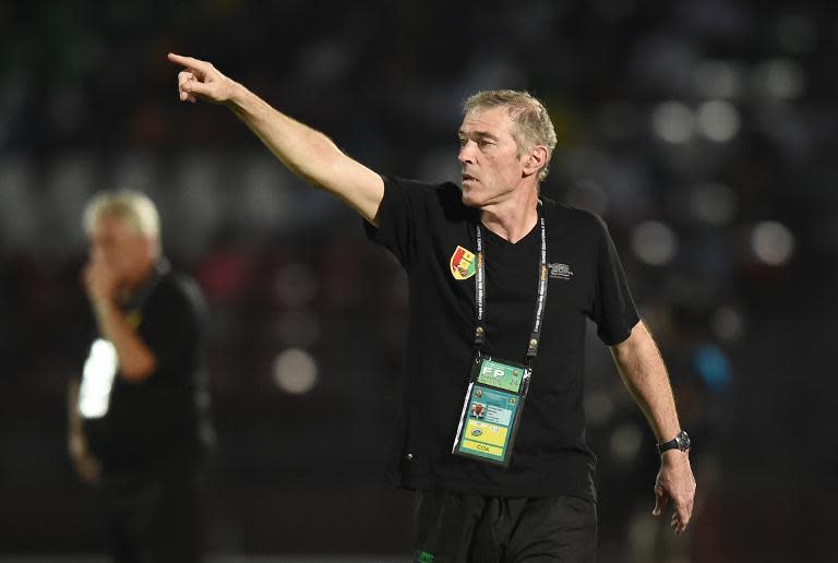 Guinea's coach Michel Dussuyer gestures during the 2015 African Cup of Nations group D football match between Guinea and Mali in Mongomo, on January 28, 2015