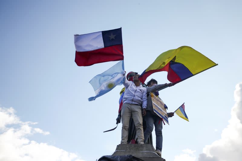 Demonstrators take part in a protest as a national strike continues in Bogota