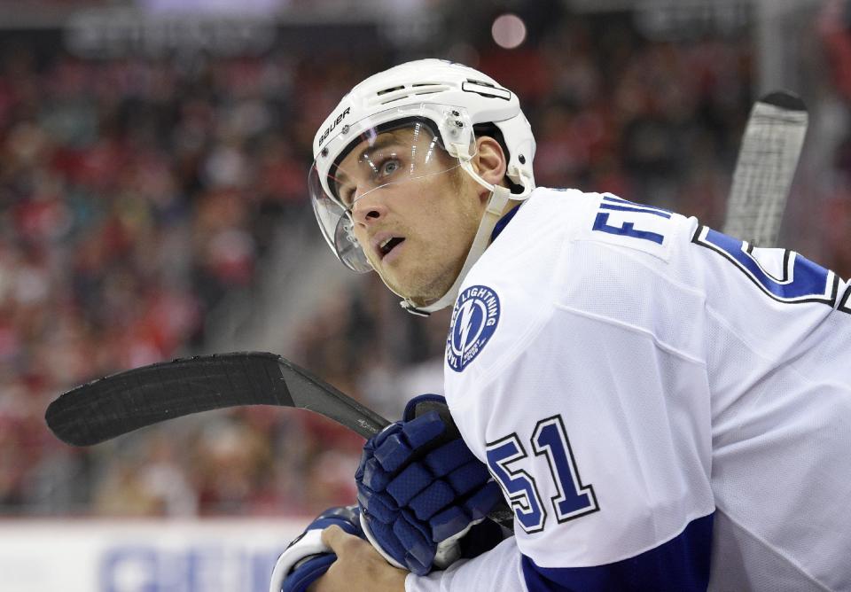 FILE - In this Dec. 23, 2016, file photo, Tampa Bay Lightning center Valtteri Filppula, of FInland, looks on during the third period of an NHL hockey game against the Washington Capitals in Washington. The Lightning acquired defenseman Mark Streit from the Philadelphia Flyers for center Valtteri Filppula and two draft picks on Wednesday, March 1, 2017. (AP Photo/Nick Wass)