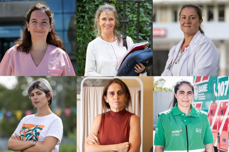 Primera fila, de izquierda a derecha: Mariela Crespi enfermera; Julia Elena Rançèze, docente de ingles; Roxana Marcos, medica; segunda fila, de izquierda a derecha: Barbara Willis, psicóloga; Marita Arrobas, pediatra; Paola Garbalena, chofer del SAME