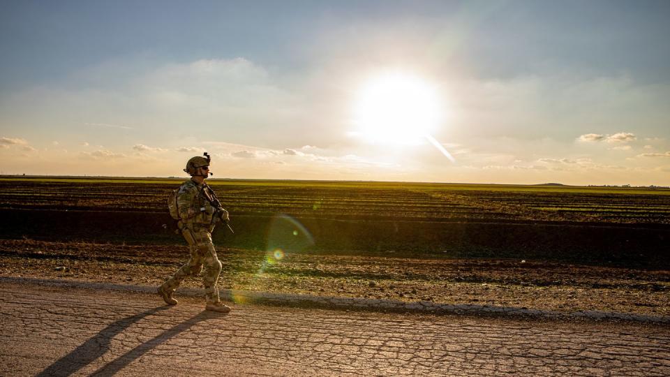 A U.S. soldier walking during a dismounted patrol, Syria, Feb. 3, 2023. (Sgt. Julio Hernandez/Army)