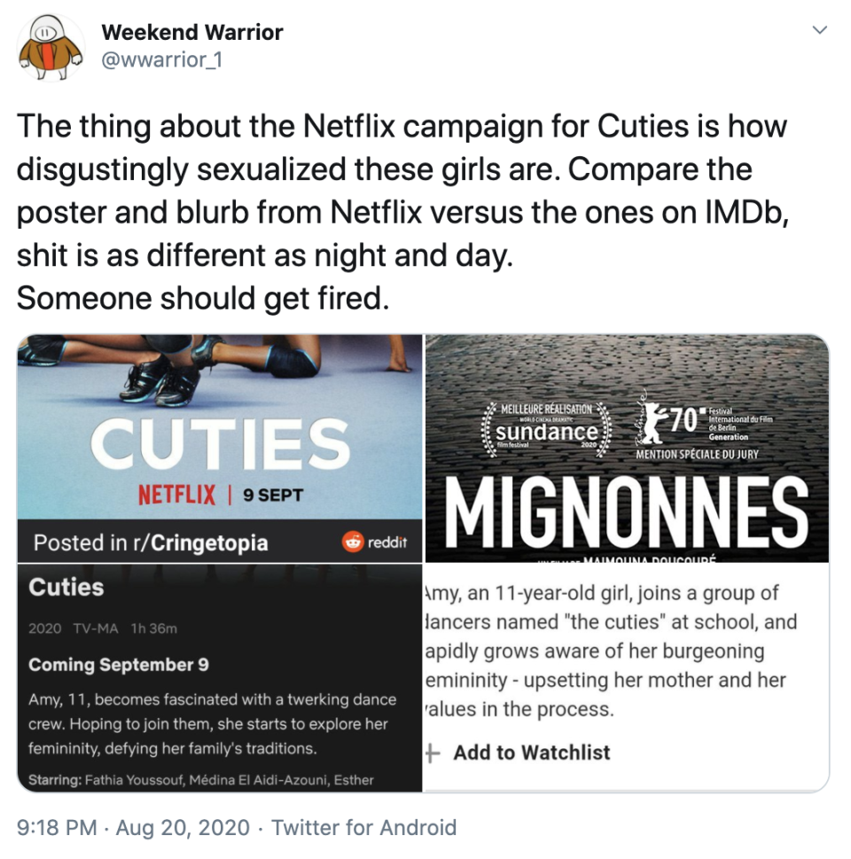 Tweet comparing Cuties poster and description on Netflix and IMDb