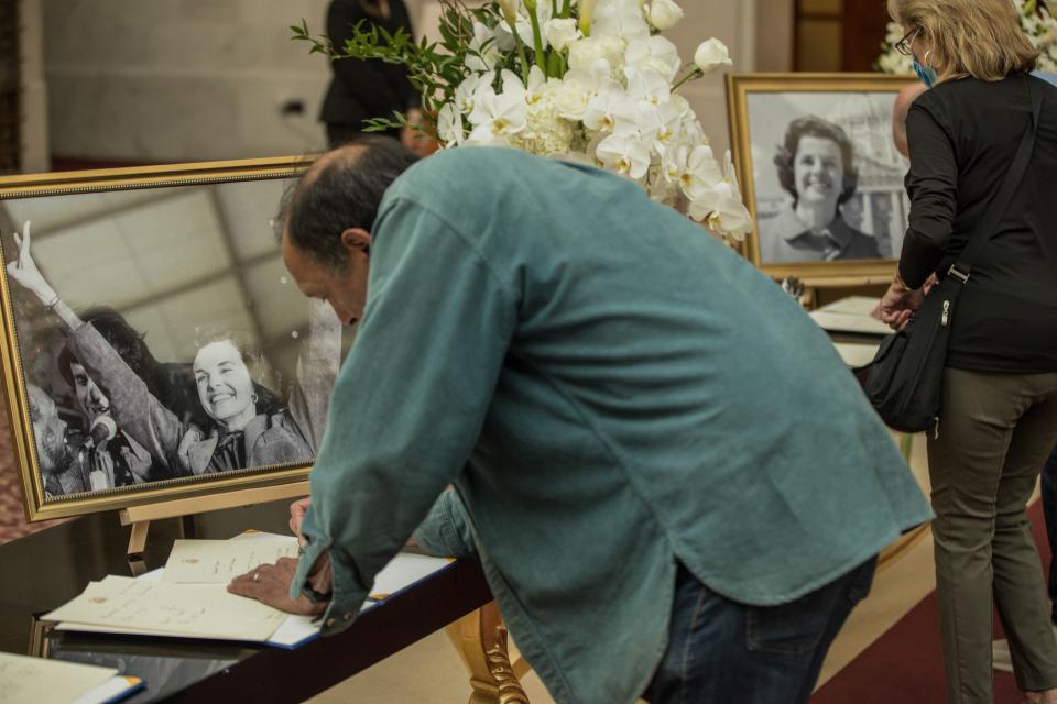 Respects are paid to the late U.S. Senator Dianne Feinstein during a day of lying in state at San Francisco City Hall, on Wednesday, Oct. 4, 2023.