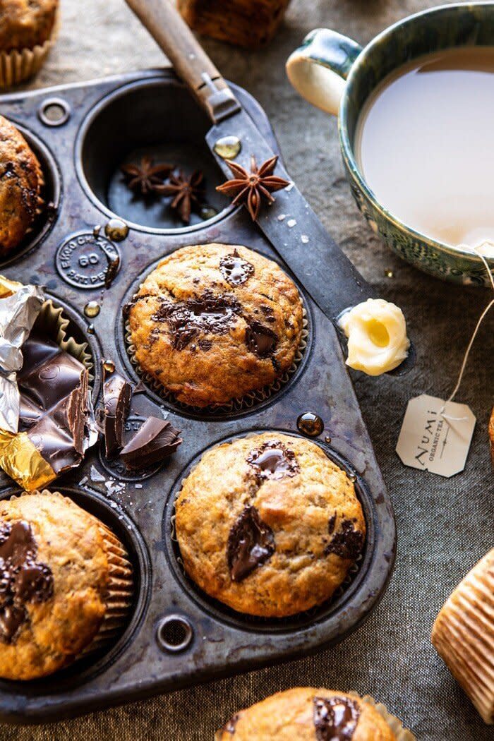 <strong><a href="https://www.halfbakedharvest.com/one-bowl-chocolate-chunk-chai-banana-muffins/" target="_blank" rel="noopener noreferrer">Get the One-Bowl Chocolate Chunk Chai Banana Muffins recipe from Half Baked Harvest</a>  </strong>