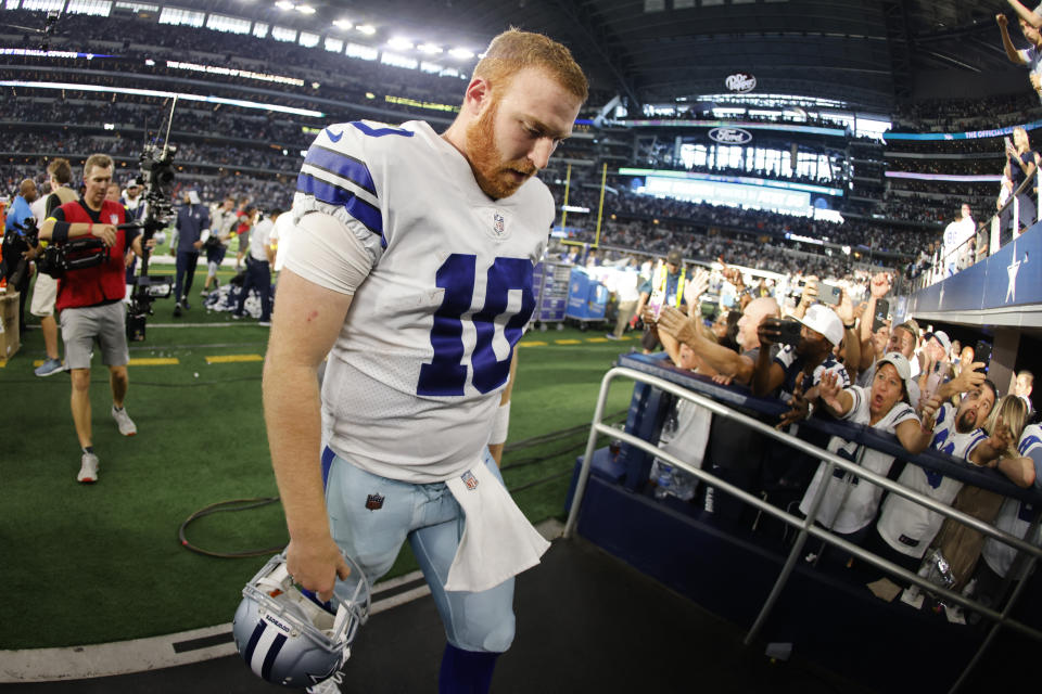 Dallas Cowboys quarterback Cooper Rush (10) leaves the field after a 20-17 win over the Cincinnati Bengals after an NFL football game Sunday, Sept. 18, 2022, in Arlington, Tx. (AP Photo/Ron Jenkins)