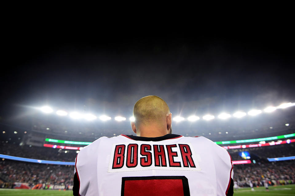 Falcons punter Matt Bosher got “randomly” selected for a drug test after laying a massive hit in Sunday’s game against the Panthers. (Getty Images)