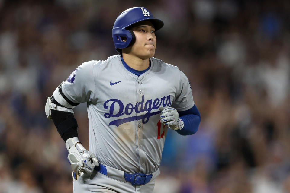 DENVER, COLORADO – SEPTEMBER 27: Shohei Ohtani #17 of the Los Angels Dodgers circles the bases after hitting a three-RBI home run against the Colorado Rockies in the sixth inning at Coors Field on September 27, 2024 in Denver, Colorado . (Photo by Matthew Stockman/Getty Images)