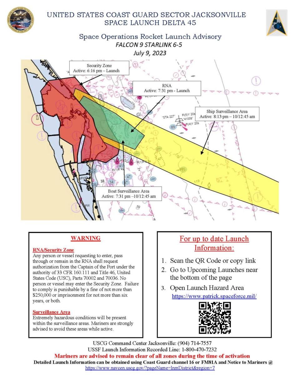 This is a U.S. Coast Guard/Space Launch Delta 45 launch exclusion zone map that Port Canaveral posted on its Facebook page in advance of a July 9 SpaceX Falcon 9 launch.