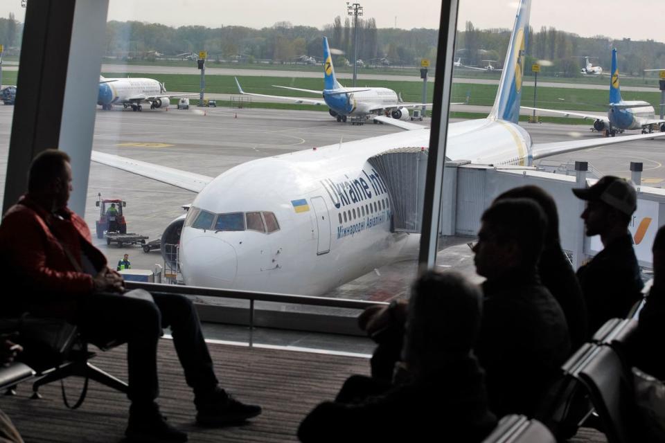 Passengers wait in the premises of the Boryspil International airport near Kyiv, Ukraine, April 25, 2018. (STR/NurPhoto via Getty Images)