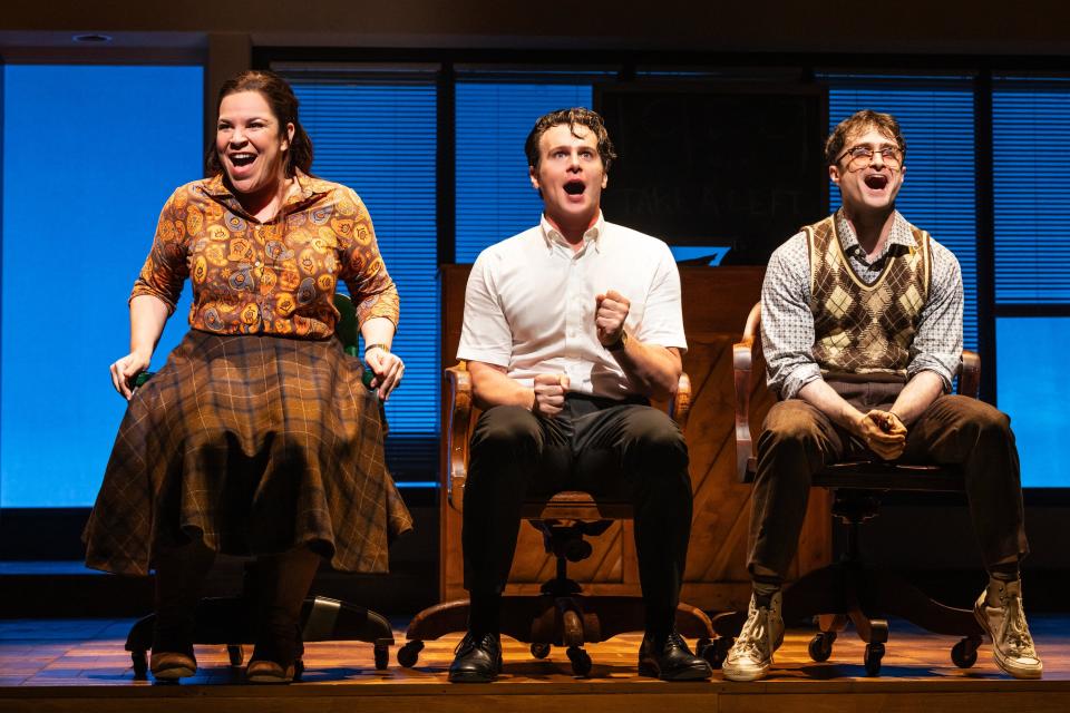 Lindsay Mendez, left, Jonathan Groff and Daniel Radcliffe in "Merrily We Roll Along."