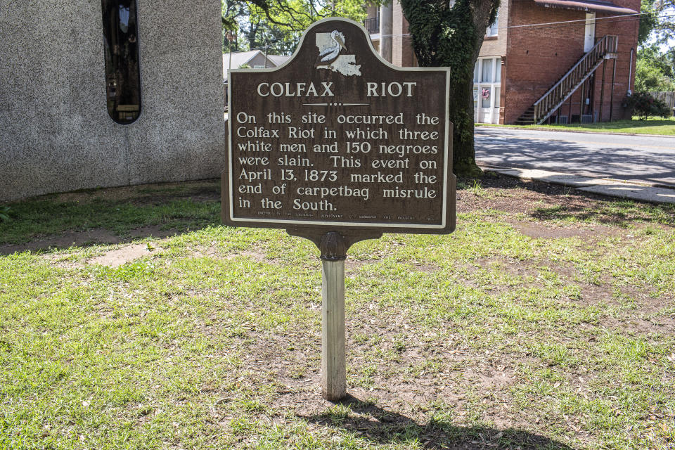 A sign marking the Colfax Riot in Colfax, La., in 2021. (Andrew Lichtenstein / Corbis via Getty Images file)