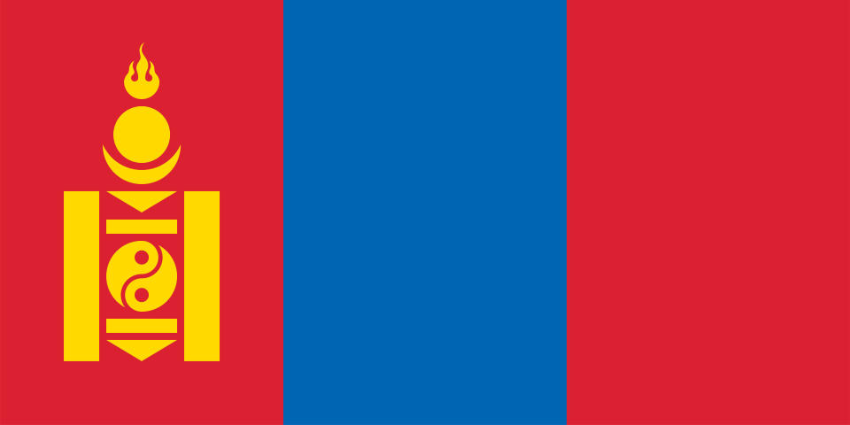 Flag of Mongolia, a vertical triband with a red stripe at each side and a blue stripe in the middle, with the Mongolian Soyombo symbol centered on the leftmost stripe