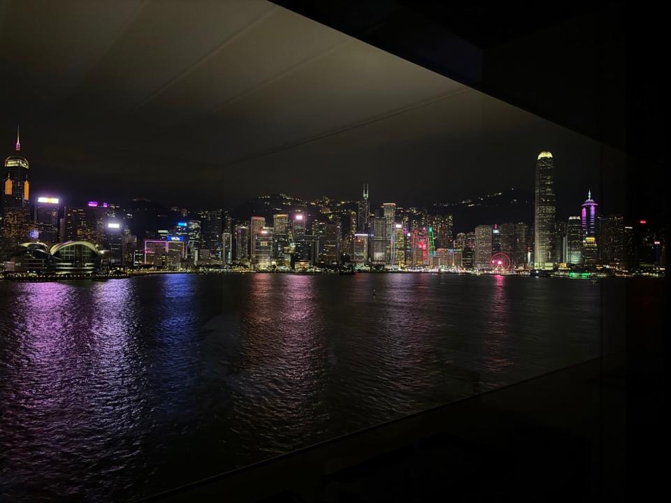 Nighttime view of skyline in Hong Kong from Regent 