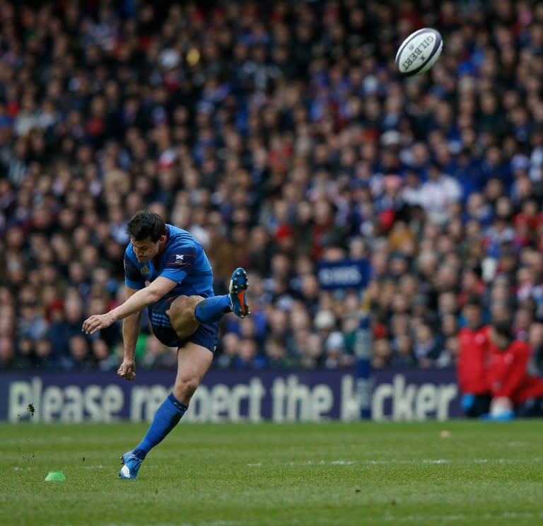 France's Francois Trinh-Duc kicks the ball but fails to score a conversion during the Six Nations match against Scotland in Edinburgh, Scotland on March 13, 2016