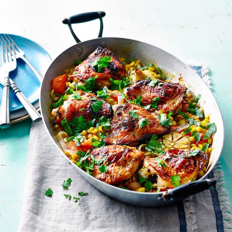 Honey Saffron Chicken Thigh Traybake - best traybake recipes 2022