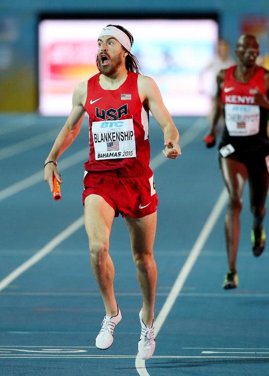 Ben Blankenship celebrates after winning the final of the men's distance medley relay on day two of the IAAF World Relays on May 3, 2015 in Nassau, Bahamas