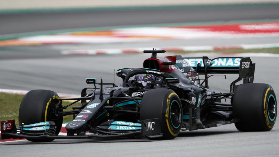 Mercedes driver Lewis Hamilton of Britain steers his car during the Spanish Formula One Grand Prix at the Barcelona Catalunya racetrack in Montmelo, just outside Barcelona, Spain, Sunday, May 9, 2021. (AP Photo/Joan Monfort)