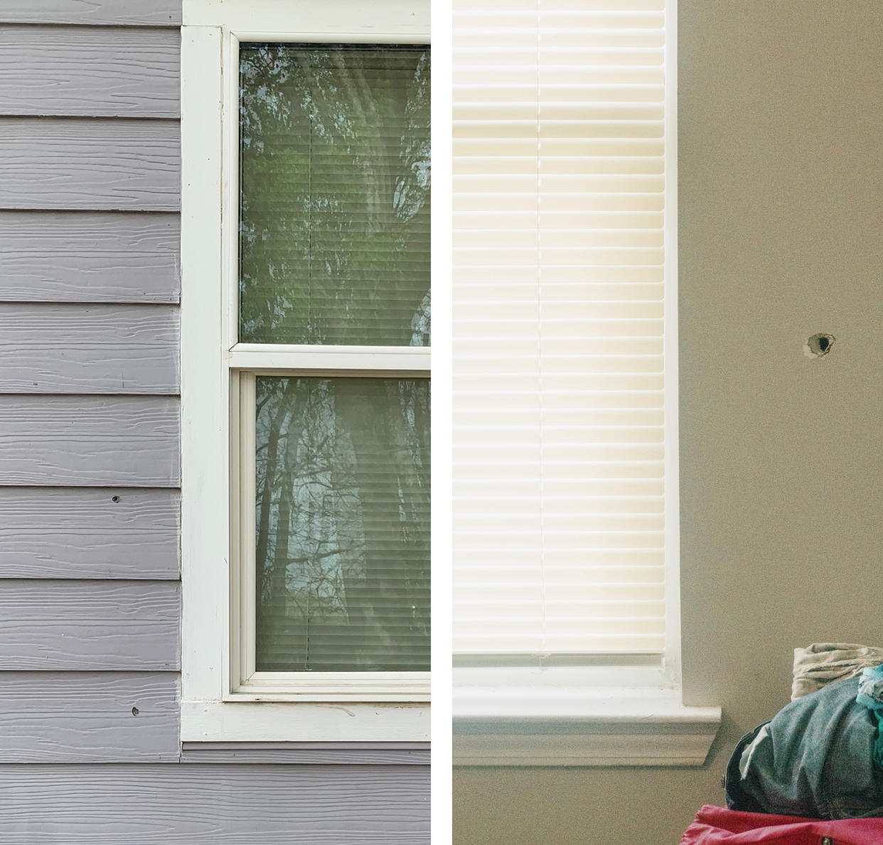 Left: A photo of bullet holes outside of Latasha Smith's window; Right: A bullet hole inside of Latasha Smith's bedroom. (Bracey Harris; Imani Khayyam for NBC News)