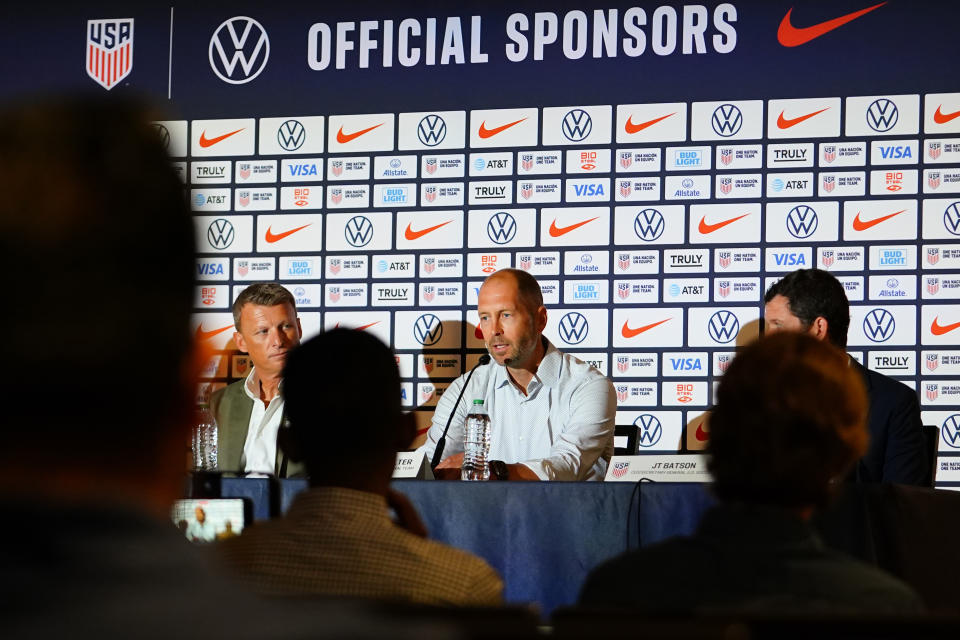 United States men’s national soccer team head coach Gregg Berhalter, center, answers questions during a news conference Friday, June 16, 2023, in Las Vegas. (AP Photo/Lucas Peltier)