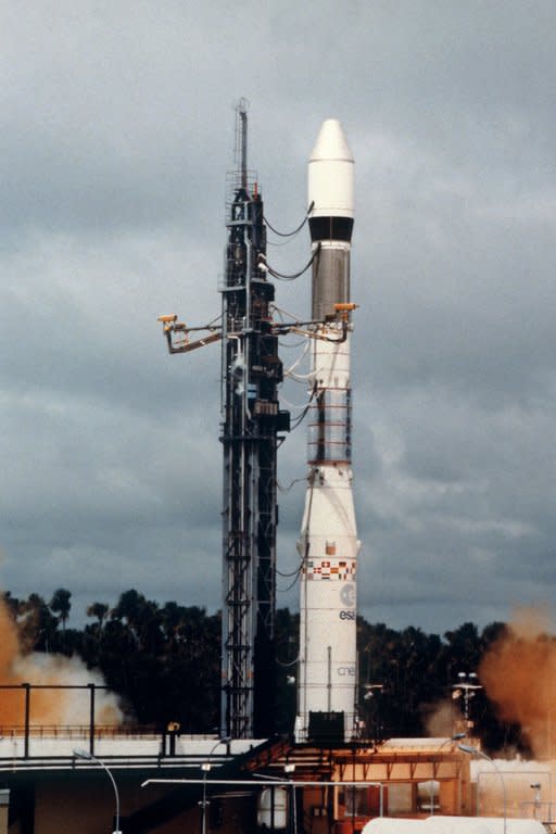 Europe's Ariane 1 launcher is fired up for take off on December 15, 1979 from the Kourou base in French Guiana. Nearly 40 years ago, European countries worried by US and Soviet dominance of space gave the green light to the first Ariane rocket, a small launcher capable of hoisting a satellite payload of just 1.8 tonnes -- the equivalent mass of two small cars