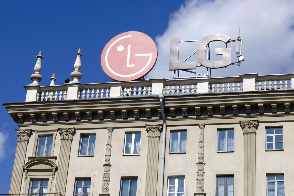 MINSK, BELARUS - APRIL 27, 2020: The emblem of the corporation LG on the roof of a historic building. Illustrative editorial.