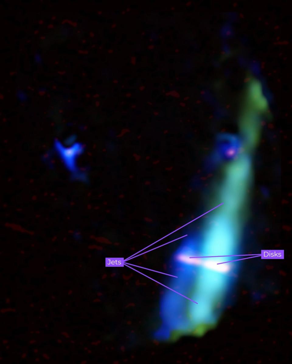 PHOTO: This image of the WL 20 star group combines data from the Atacama Large Millimeter/submillimeter Array and the Mid-Infrared Instrument on NASA’s Webb telescope.  (NASA)