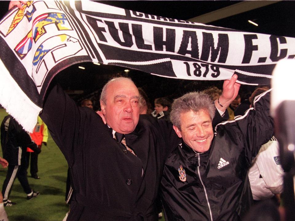 Fulham Football Club manager Kevin Keegan (right) celebrates with club owner Mohammed Al Fayed after their teams 3-0 victory over Gillingham, at Craven Cottage, ensuring their promotion to the First Division next season. (Photo by Tom Hevezi - PA Images/PA Images via Getty Images)