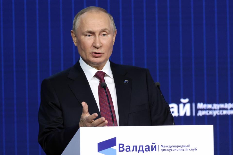 Russian President Vladimir Putin speaks at the plenary session of the 19th annual meeting of the Valdai International Discussion Club outside Moscow, Russia, Thursday, Oct. 27, 2022. (Sergei Karpukhin, Sputnik, Kremlin Pool Photo via AP)