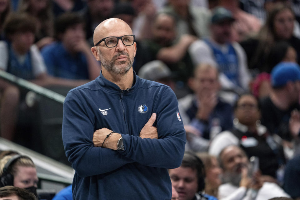 FILE - Dallas Mavericks head coach Jason Kidd watches from the sidelines during an NBA basketball first-round playoff series, Sunday, April 28, 2024, in Dallas. (AP Photo/Jeffrey McWhorter, File)