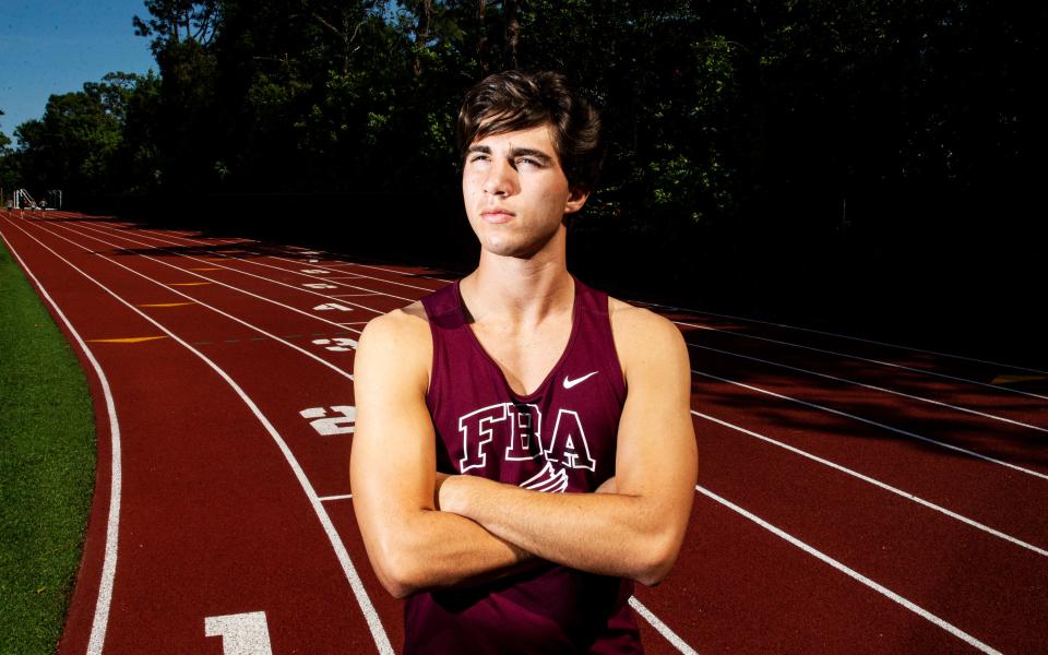 First Baptist Academy track & field athlete, Jacob Panzarella poses for a portrait before competing in the Private 8 Championships at Evangelical Christian School.  