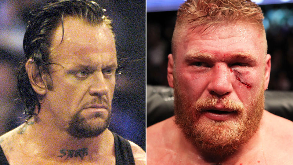 WWE legend The Undertaker is pictured in a 50/50 split image next to Brock Lesnar.