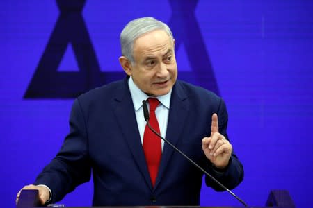 Israeli Prime Minister Benjamin Netanyahu delivers a statement in Ramat Gan, near Tel Aviv