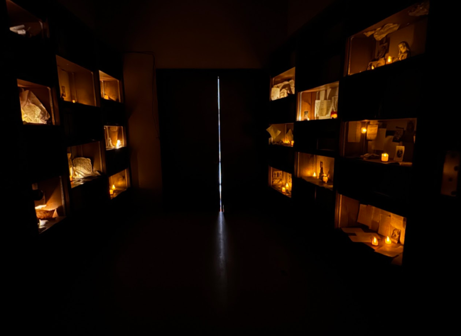 The dimly lit confessional room on the upper level.