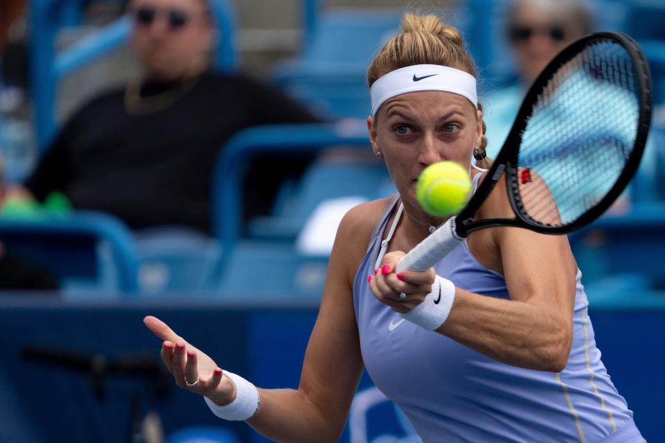 Petra Kvitova returns to Caroline Garcia in the first set of the Western & Southern Open women’s final match at the Lindner Family Tennis Center in Mason, Ohio, on Sunday, Aug. 21, 2022. 