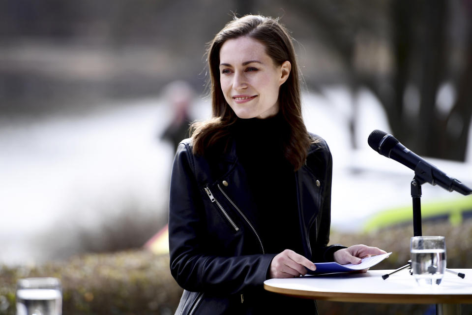 Finnish Prime Minister Sanna Marin attends a press conference with Swedish Prime Minister Magdalena Andersson ahead of a meeting on whether to seek NATO membership, in Stockholm, Sweden, Wednesday, April 13, 2022. (Paul Wennerholm/TT via AP)