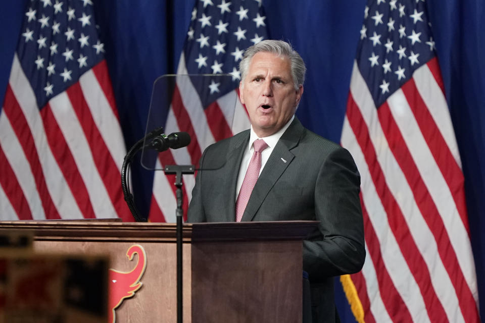 FILE - In this Aug. 24, 2020, file photo House Minority Leader Kevin McCarthy of Calif., speaks during the first day of the Republican National Convention in Charlotte, N.C. Republican candidates eager for a turnaround in heavily Democratic California are spotlighting what they see as a dire threat to families and communities, in the state. McCarthy said in his convention remarks that "socialist Democrats, will dismantle our institutions, defund our police and destroy our economy." (AP Photo/Chris Carlson, Pool, File)