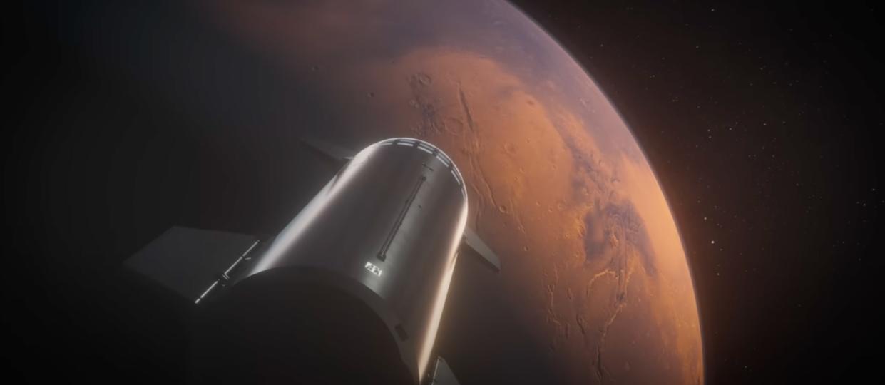  SpaceX's Starship vehicle approaches Mars in the still from an animation the company posted to YouTube on April 10, 2023. 