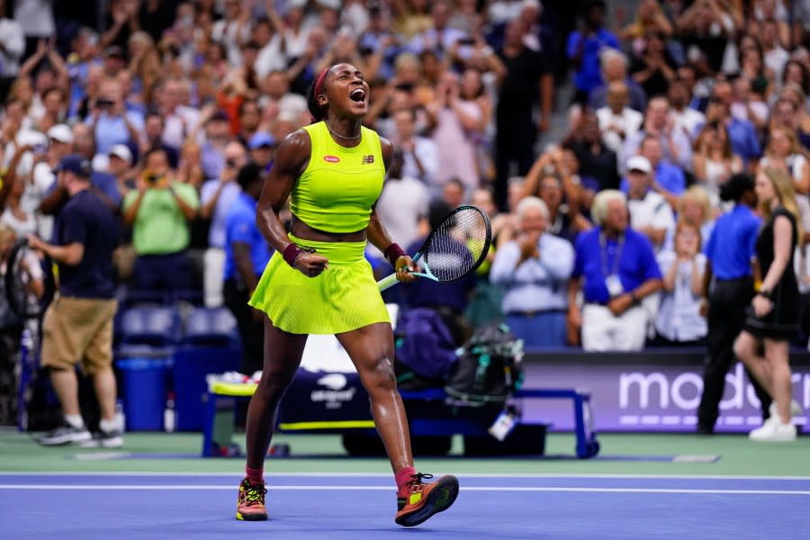 Coco Gauff, of the United States, reacts after defeating Karolina Muchova, of the Czech Republic, during the women’s singles semifinals of the U.S. Open tennis championships, Thursday, Sept. 7, 2023, in New York. (AP Photo/Manu Fernandez)