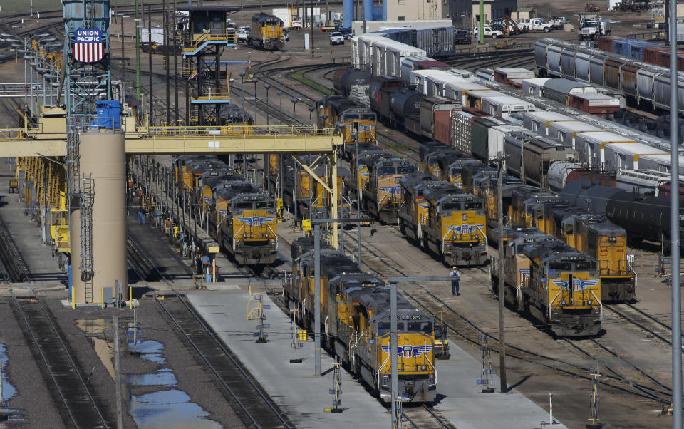 FILE - Locomotives are stacked up with freight cars in the Union Pacific Railroad's Bailey Yard, April 21, 2016, in North Platte, Neb. Federal inspectors found an alarming number of defects in the locomotives and railcars Union Pacific was using at the world's largest rail yard in North Platte this summer and the railroad was reluctant to fix the problems. Federal Railroad Administrator Amit Bose wrote a letter to UP's top three executives Friday, Sept. 8, 2023, expressing his concern that the defects represent a “significant risk to rail safety on the Union Pacific' railroad.” (AP Photo/David Zalubowski, File)