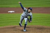 Tampa Bay Rays pitcher Tyler Glasnow throws a pitch to the Baltimore Orioles during the second inning of a baseball game, Friday, Sept. 18, 2020, in Baltimore. (AP Photo/Julio Cortez)