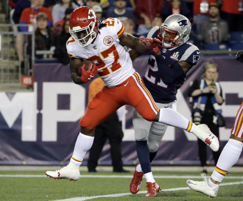 Kareem Hunt ran over and through the Patriots on Thursday night (AP Photo/Steven Senne)