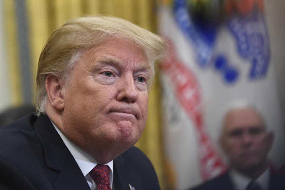 FILE - In this Jan. 31, 2019, file photo President Donald Trump holds a meeting with Chinese Vice Premier Liu He in the Oval Office of the White House in Washington. Trump turned up the pressure on China Sunday, May 5, threatening to hike tariffs on $200 billion worth of Chinese goods. (AP Photo/Susan Walsh, File)