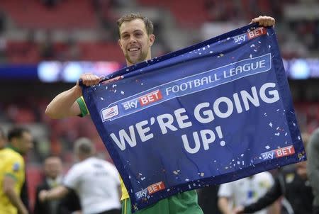 Football - Norwich City v Middlesbrough - Sky Bet Football League Championship Play-Off Final - Wembley Stadium - 25/5/15 Norwich City's Steven Whittaker celebrates at full time after gaining promotion to the Barclays Premier League Action Images via Reuters / Tony O'Brien Livepic