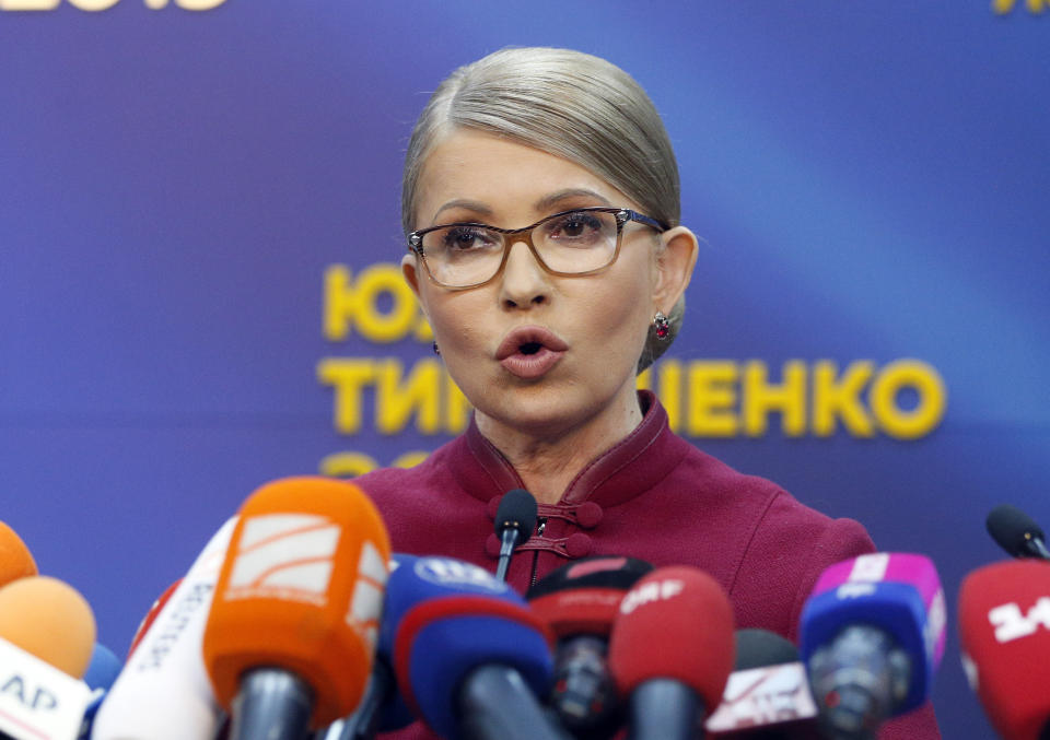 Former Ukrainian Prime Minister Yulia Tymoshenko speaks during her press conference in Kiev, Ukraine, Monday, April 2, 2019. Timoshenko has accused incumbent Ukrainian President Petro Poroshenko of vote rigging in the first round of the March 31 presidential election, but she is not planning to challenge the results as she believes the courts are also controlled by the president. (AP Photo/Efrem Lukatsky)