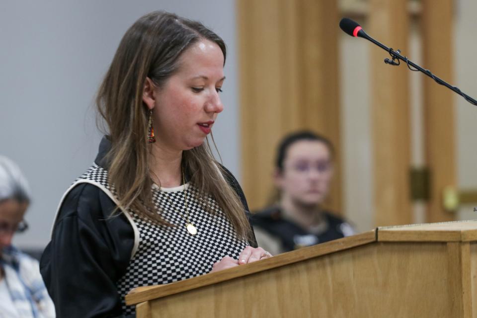 Jenifer Van Schuyver, West Lafayette’s director of development, speaks in opposition to the approval of any new transient guest house exceptions at the Tippecanoe County Board of Zoning Appeal, on Wednesday, Jan. 24, 2024, in Lafayette, Ind.