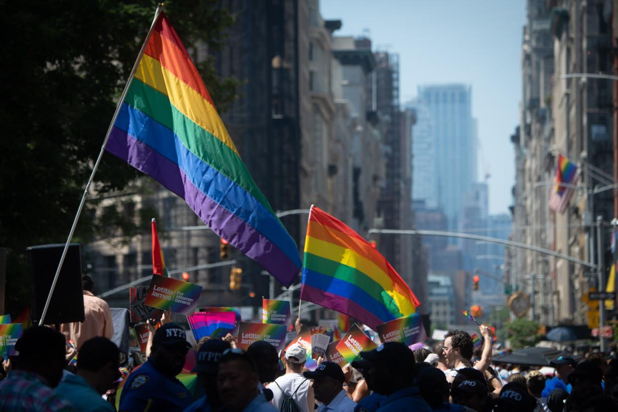 Mayor Eric Adams marches in New York City's pride Parade celebrating the LGBTQIA+ community on Sunday, June 26, 2022.